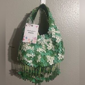 Handcrafted in India Green Floral Beaded Shoulder Bag Purse Read Description
